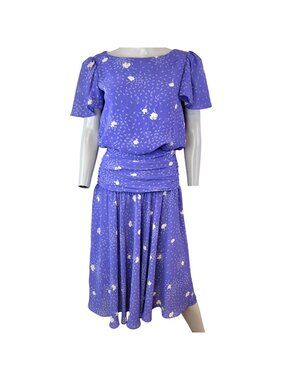 Vintage 80s Midi Dress Women 8 Floral Blue White Blouson Flowy Formal Party Work